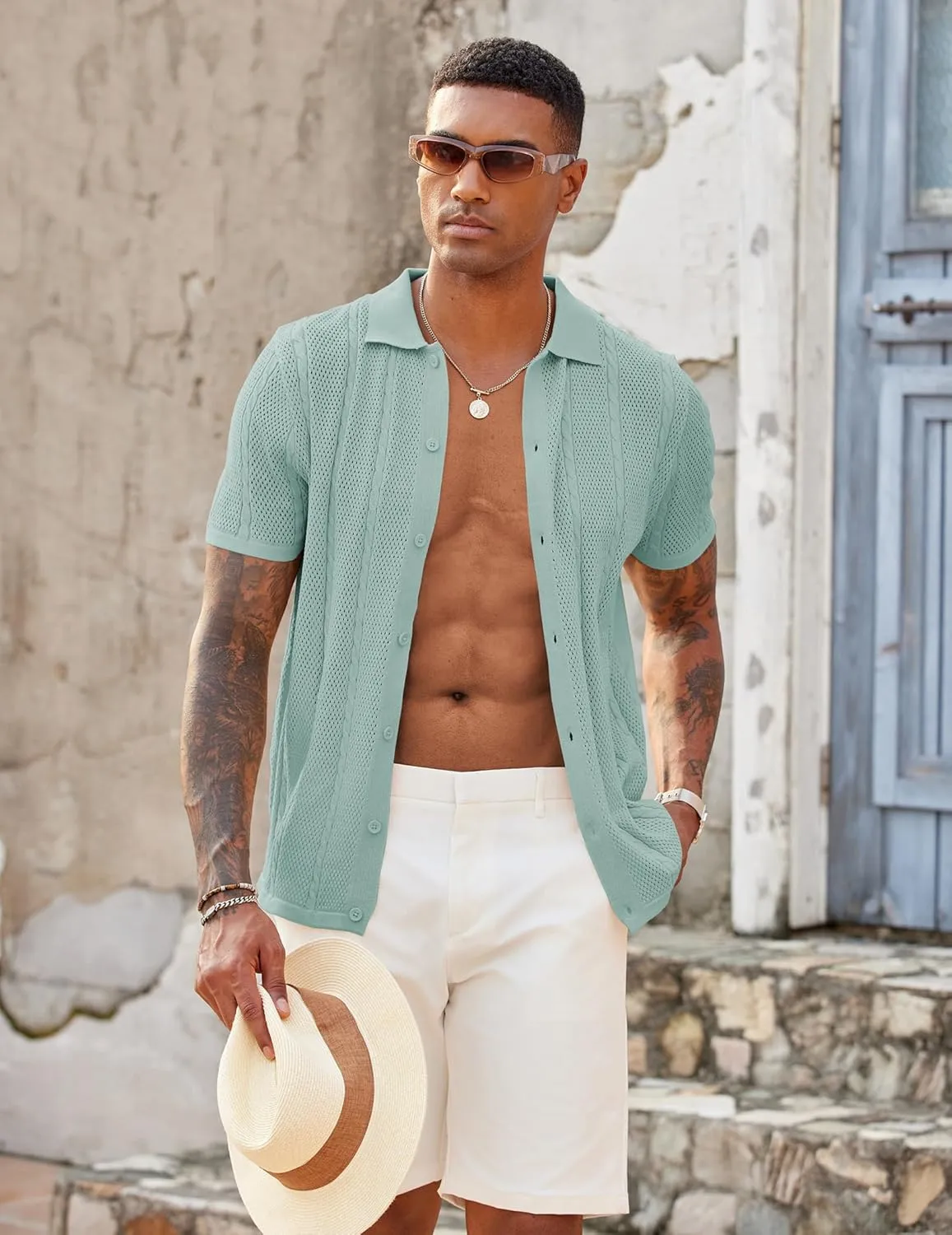 COOFANDY Mens Knit Button Down Shirts Casual Textured Polo Shirt Short Sleeve Vintage Summer Beach Tops