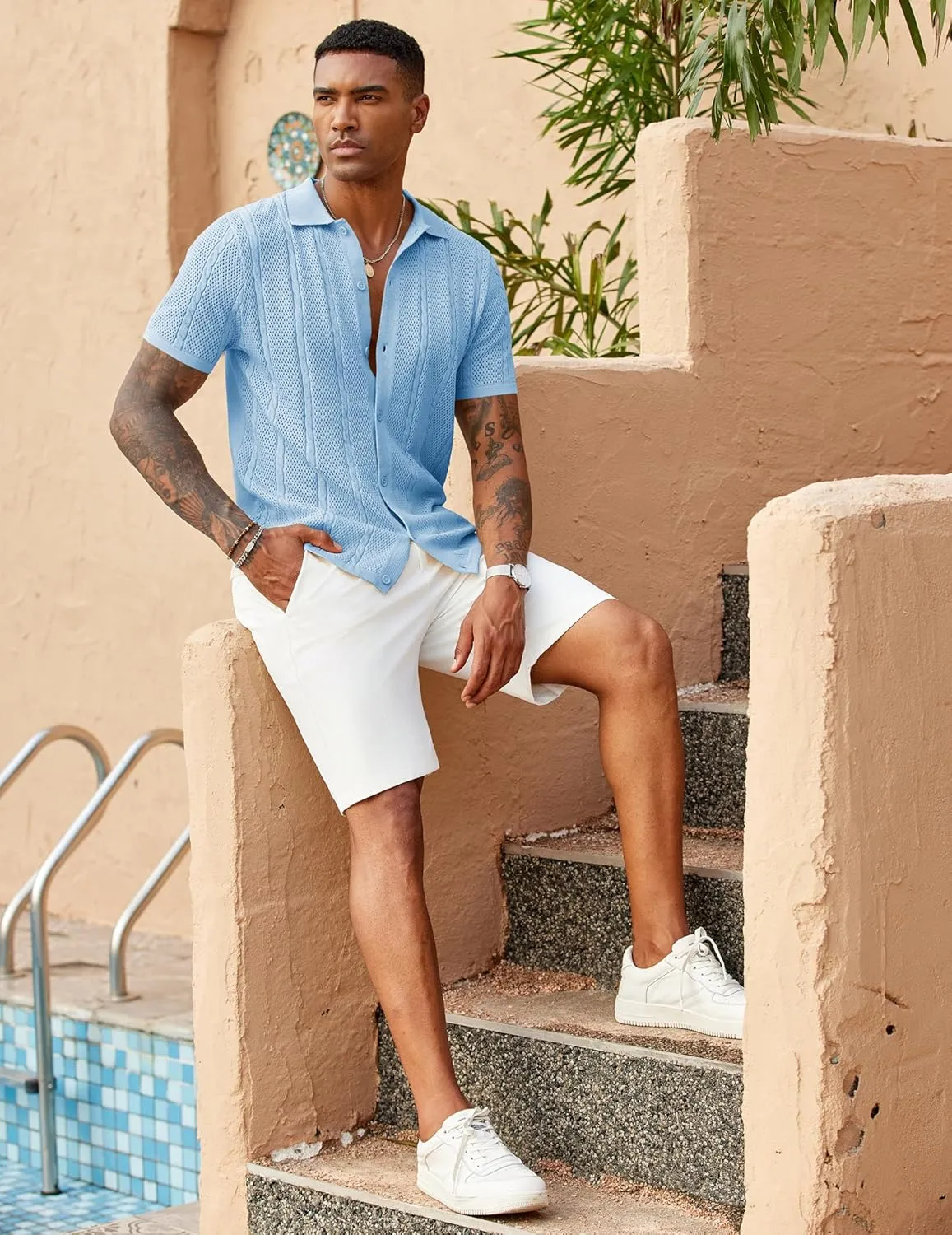 COOFANDY Mens Knit Button Down Shirts Casual Textured Polo Shirt Short Sleeve Vintage Summer Beach Tops