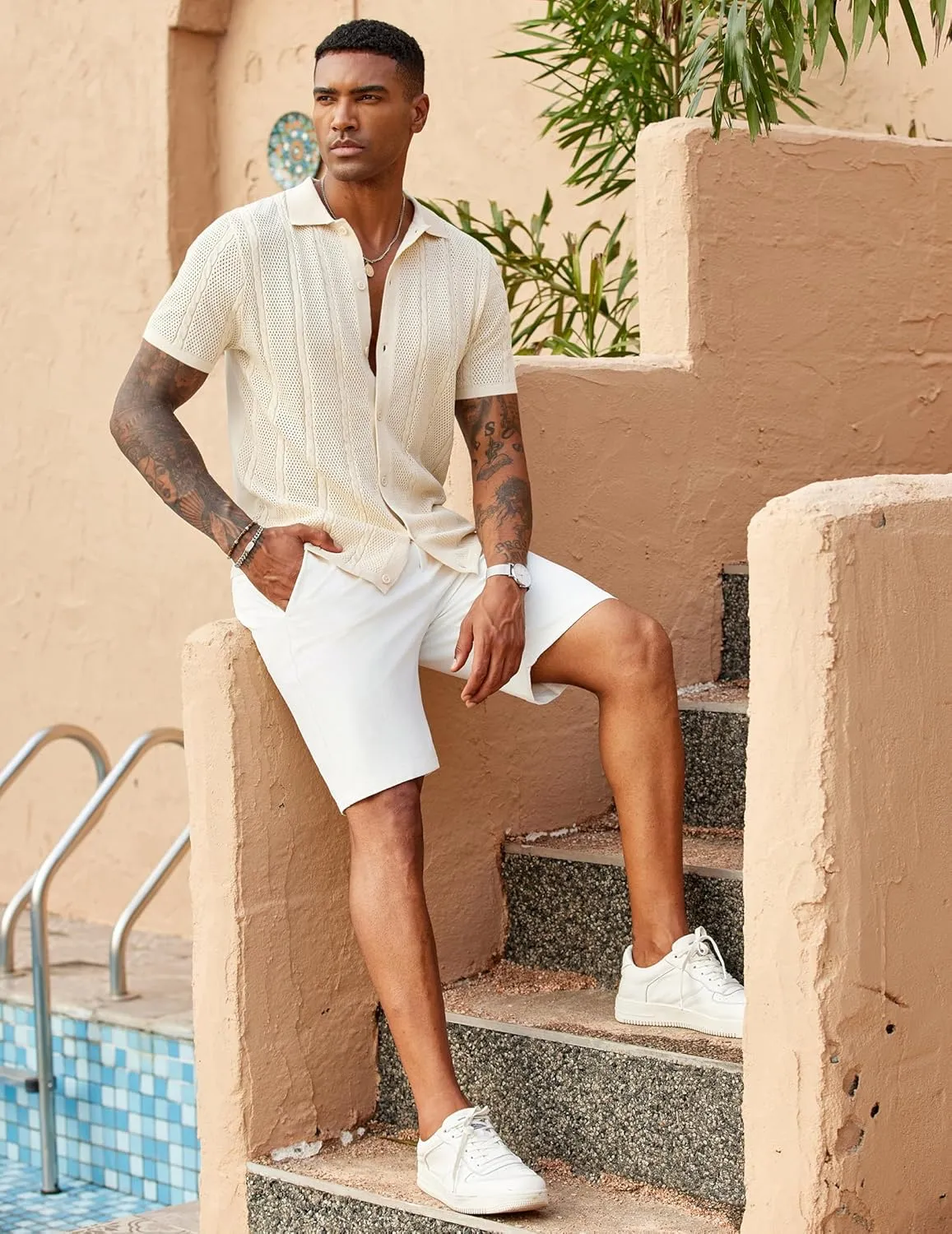 COOFANDY Mens Knit Button Down Shirts Casual Textured Polo Shirt Short Sleeve Vintage Summer Beach Tops