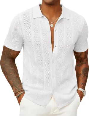 COOFANDY Mens Knit Button Down Shirts Casual Textured Polo Shirt Short Sleeve Vintage Summer Beach Tops