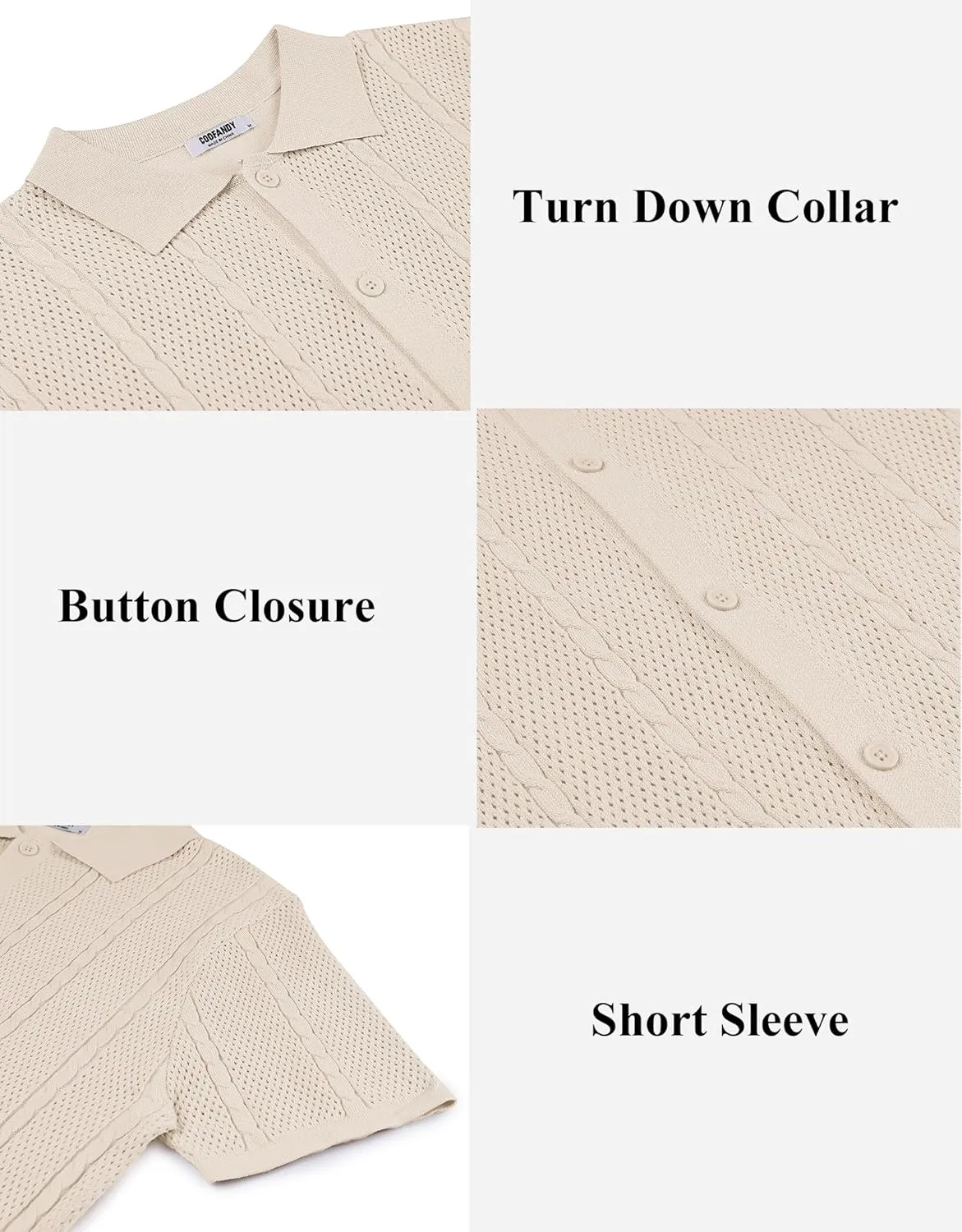 COOFANDY Mens Knit Button Down Shirts Casual Textured Polo Shirt Short Sleeve Vintage Summer Beach Tops