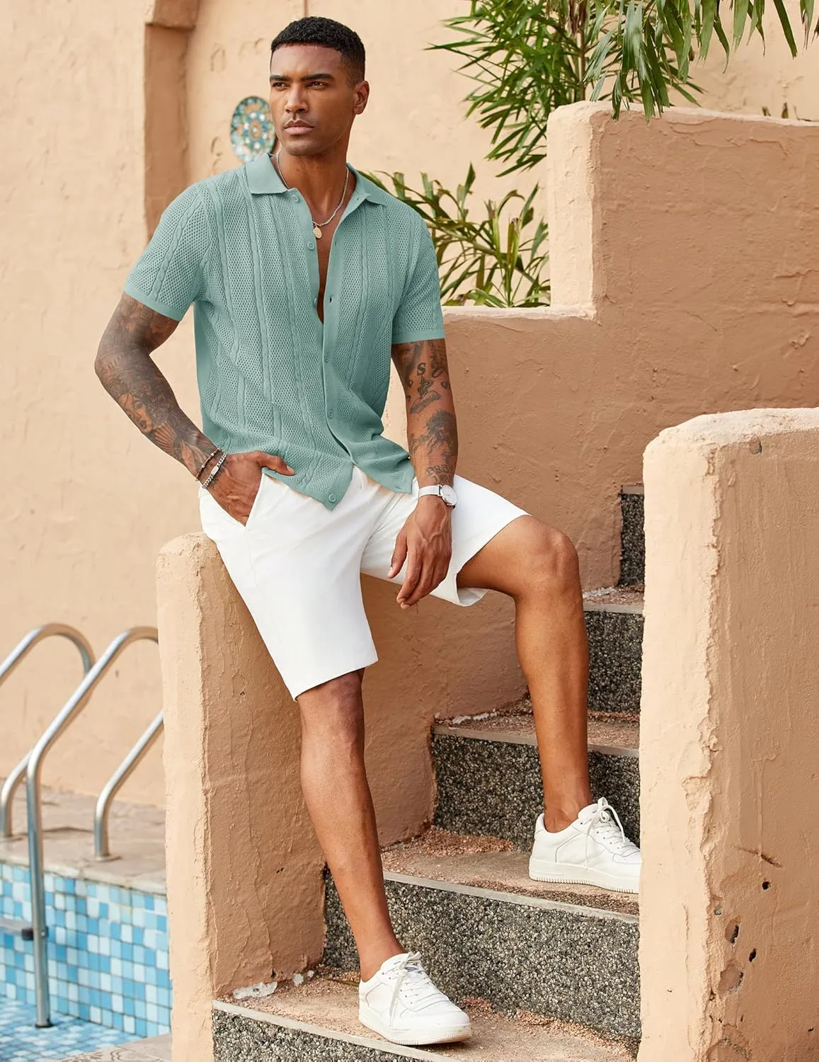 COOFANDY Mens Knit Button Down Shirts Casual Textured Polo Shirt Short Sleeve Vintage Summer Beach Tops