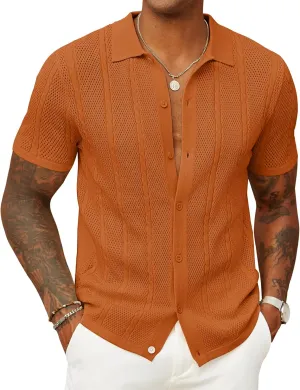 COOFANDY Mens Knit Button Down Shirts Casual Textured Polo Shirt Short Sleeve Vintage Summer Beach Tops