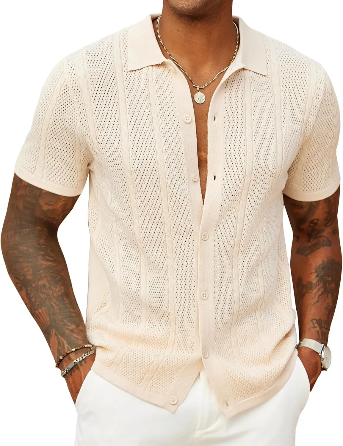 COOFANDY Mens Knit Button Down Shirts Casual Textured Polo Shirt Short Sleeve Vintage Summer Beach Tops
