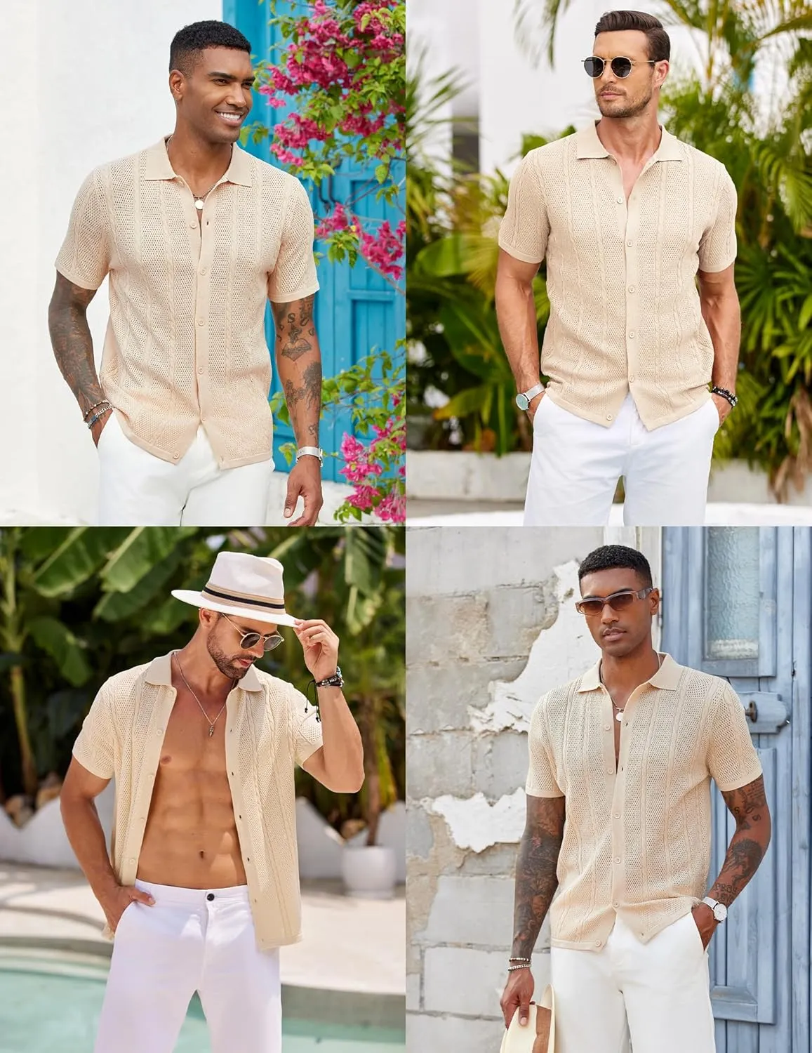 COOFANDY Mens Knit Button Down Shirts Casual Textured Polo Shirt Short Sleeve Vintage Summer Beach Tops