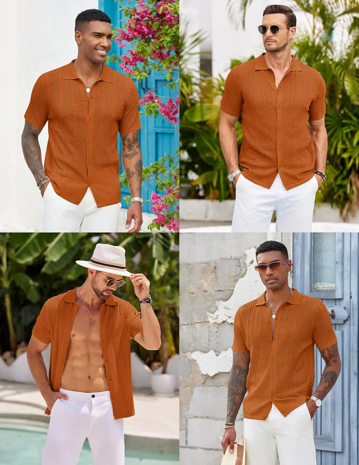 COOFANDY Mens Knit Button Down Shirts Casual Textured Polo Shirt Short Sleeve Vintage Summer Beach Tops