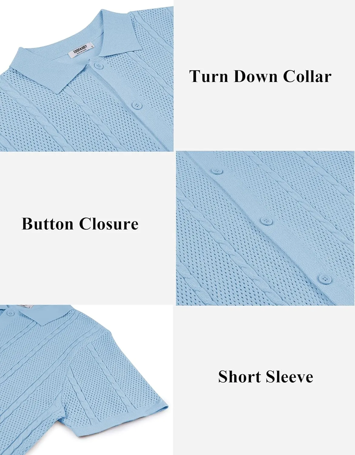 COOFANDY Mens Knit Button Down Shirts Casual Textured Polo Shirt Short Sleeve Vintage Summer Beach Tops