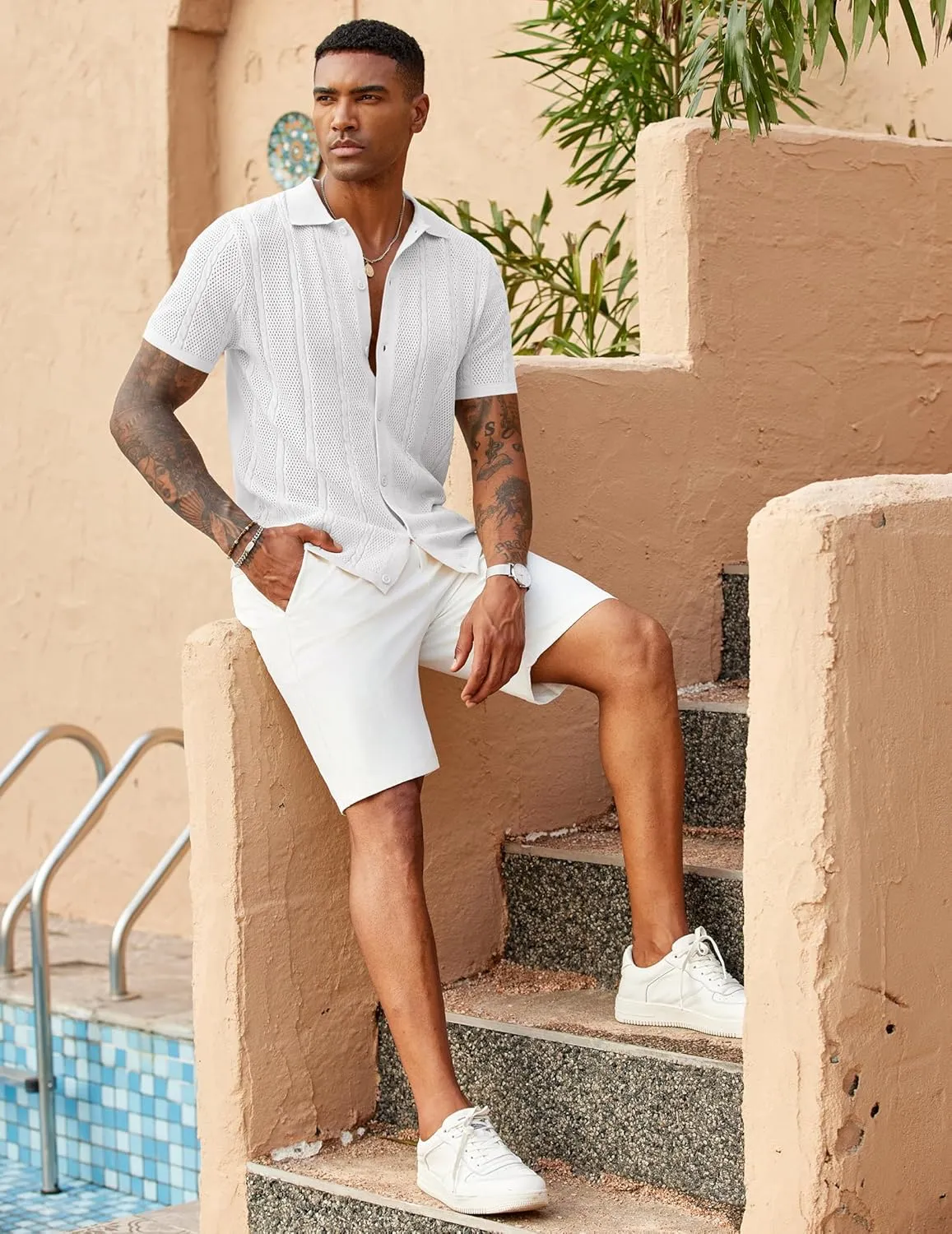 COOFANDY Mens Knit Button Down Shirts Casual Textured Polo Shirt Short Sleeve Vintage Summer Beach Tops