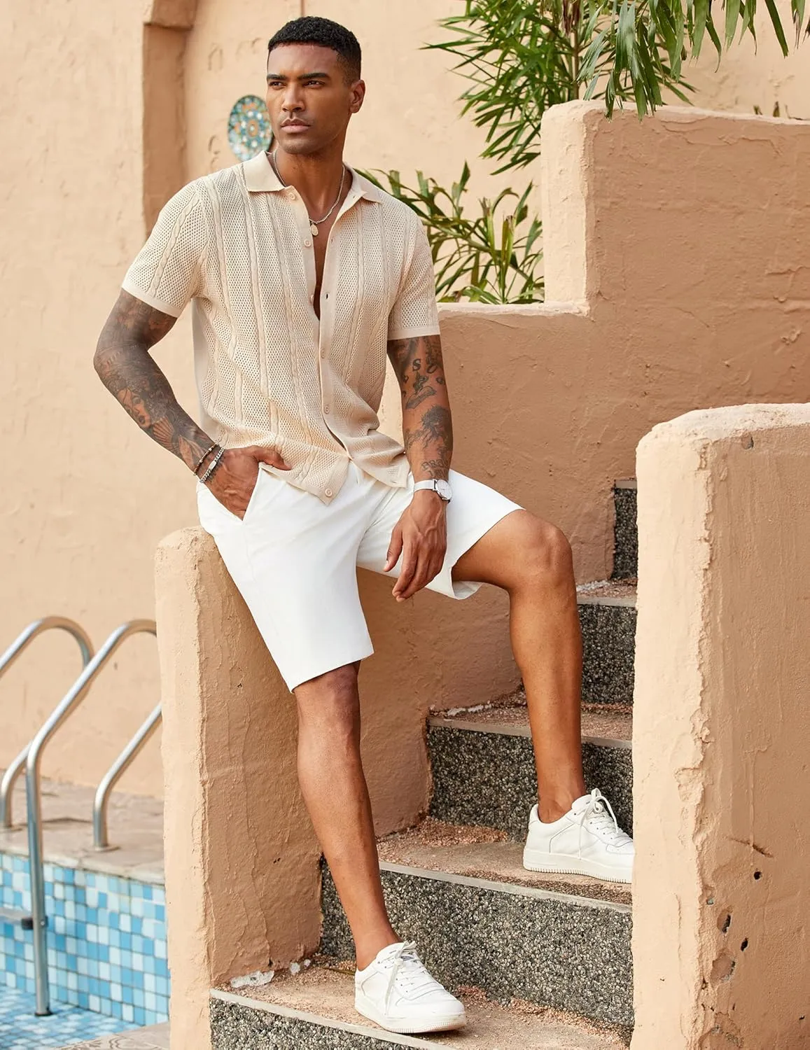COOFANDY Mens Knit Button Down Shirts Casual Textured Polo Shirt Short Sleeve Vintage Summer Beach Tops