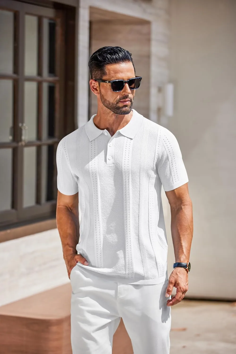 COOFANDY Mens Knit Polo Shirts Short Sleeve Collared Golf Shirt Hollow Out Textured T-Shirt Summer Fashion Tops