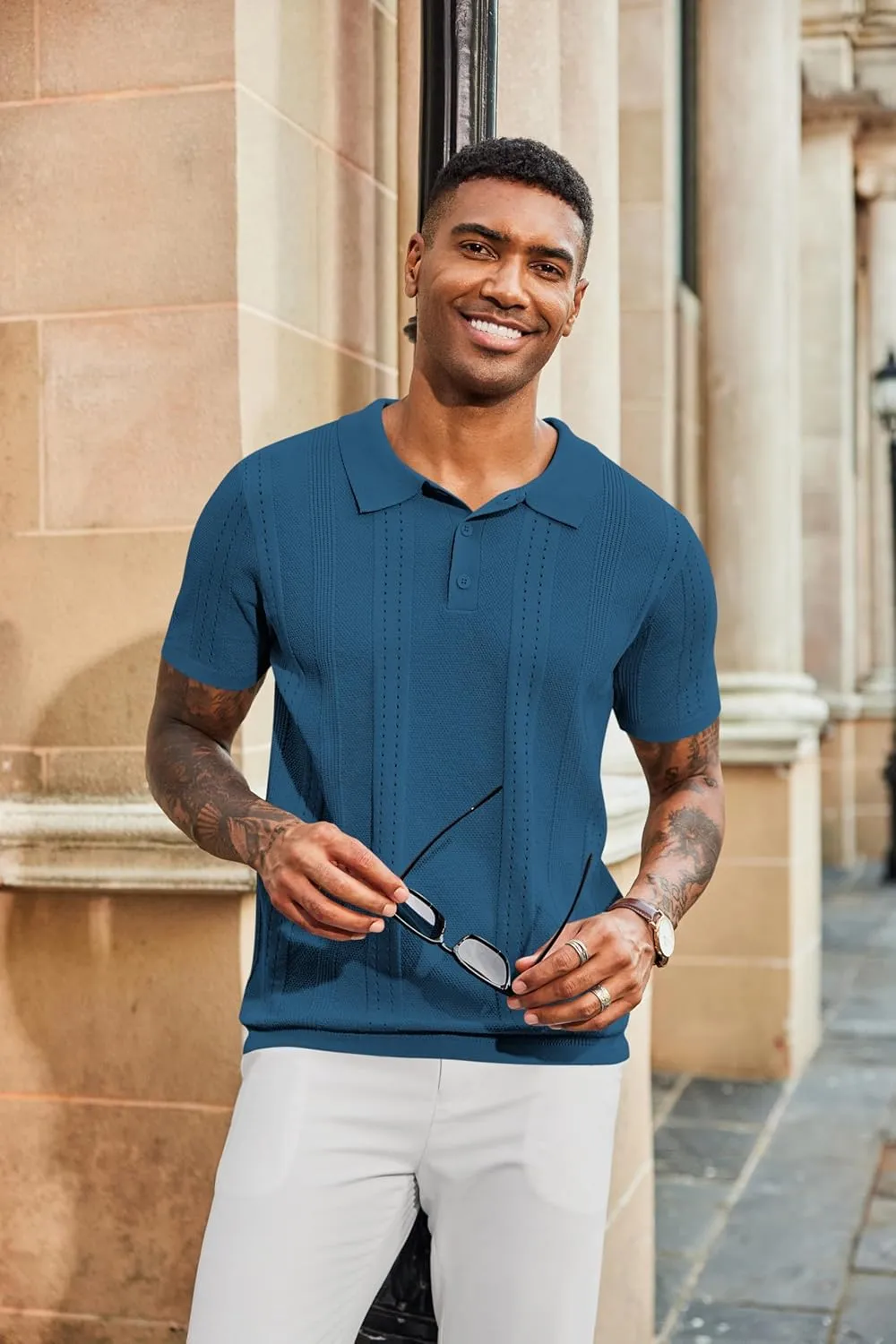 COOFANDY Mens Knit Polo Shirts Short Sleeve Collared Golf Shirt Hollow Out Textured T-Shirt Summer Fashion Tops