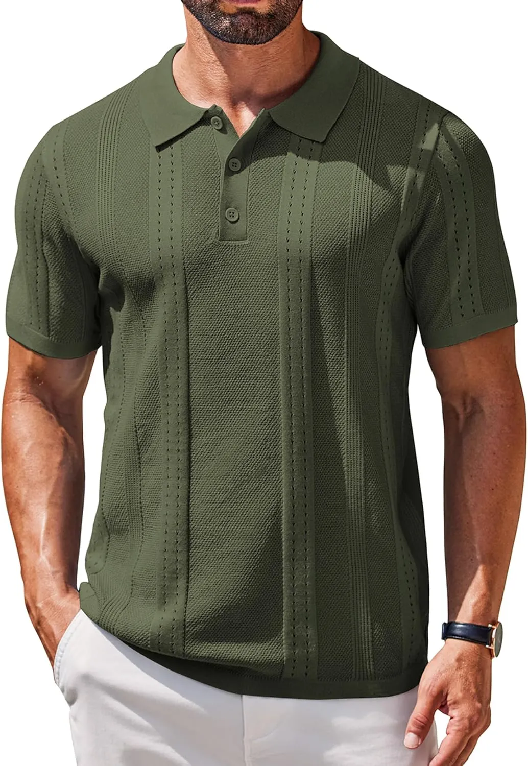 COOFANDY Mens Knit Polo Shirts Short Sleeve Collared Golf Shirt Hollow Out Textured T-Shirt Summer Fashion Tops
