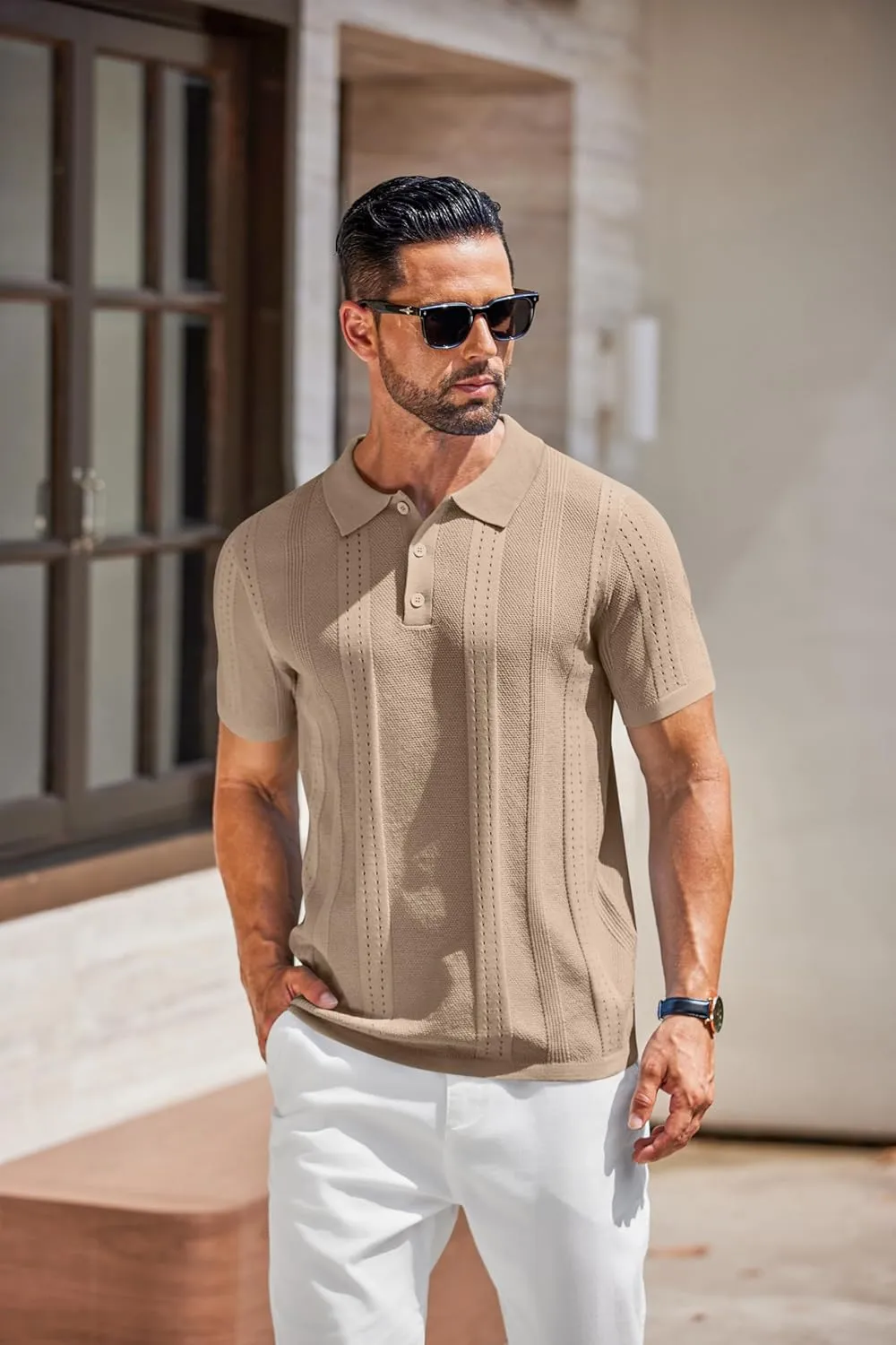 COOFANDY Mens Knit Polo Shirts Short Sleeve Collared Golf Shirt Hollow Out Textured T-Shirt Summer Fashion Tops