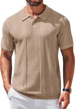COOFANDY Mens Knit Polo Shirts Short Sleeve Collared Golf Shirt Hollow Out Textured T-Shirt Summer Fashion Tops
