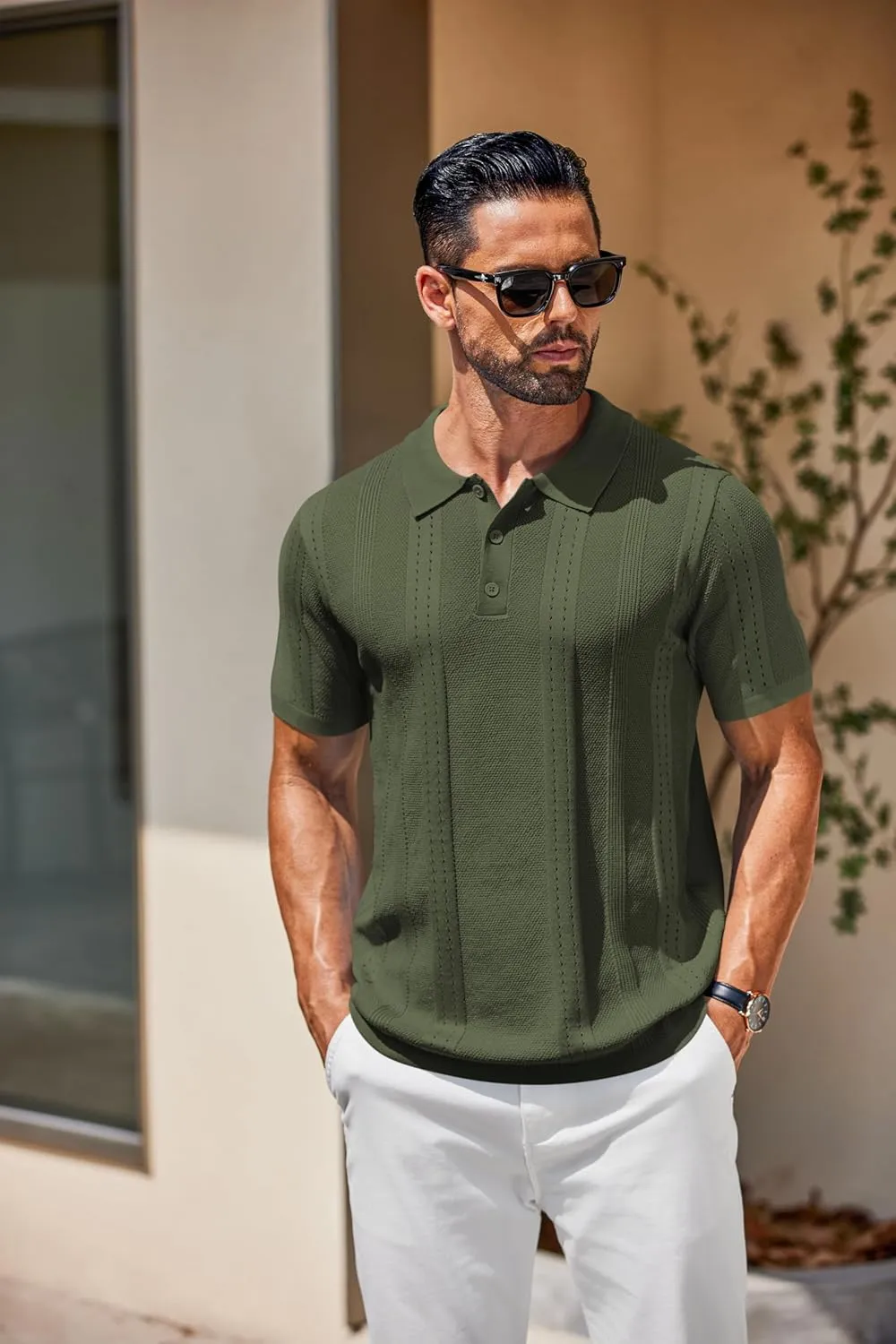 COOFANDY Mens Knit Polo Shirts Short Sleeve Collared Golf Shirt Hollow Out Textured T-Shirt Summer Fashion Tops