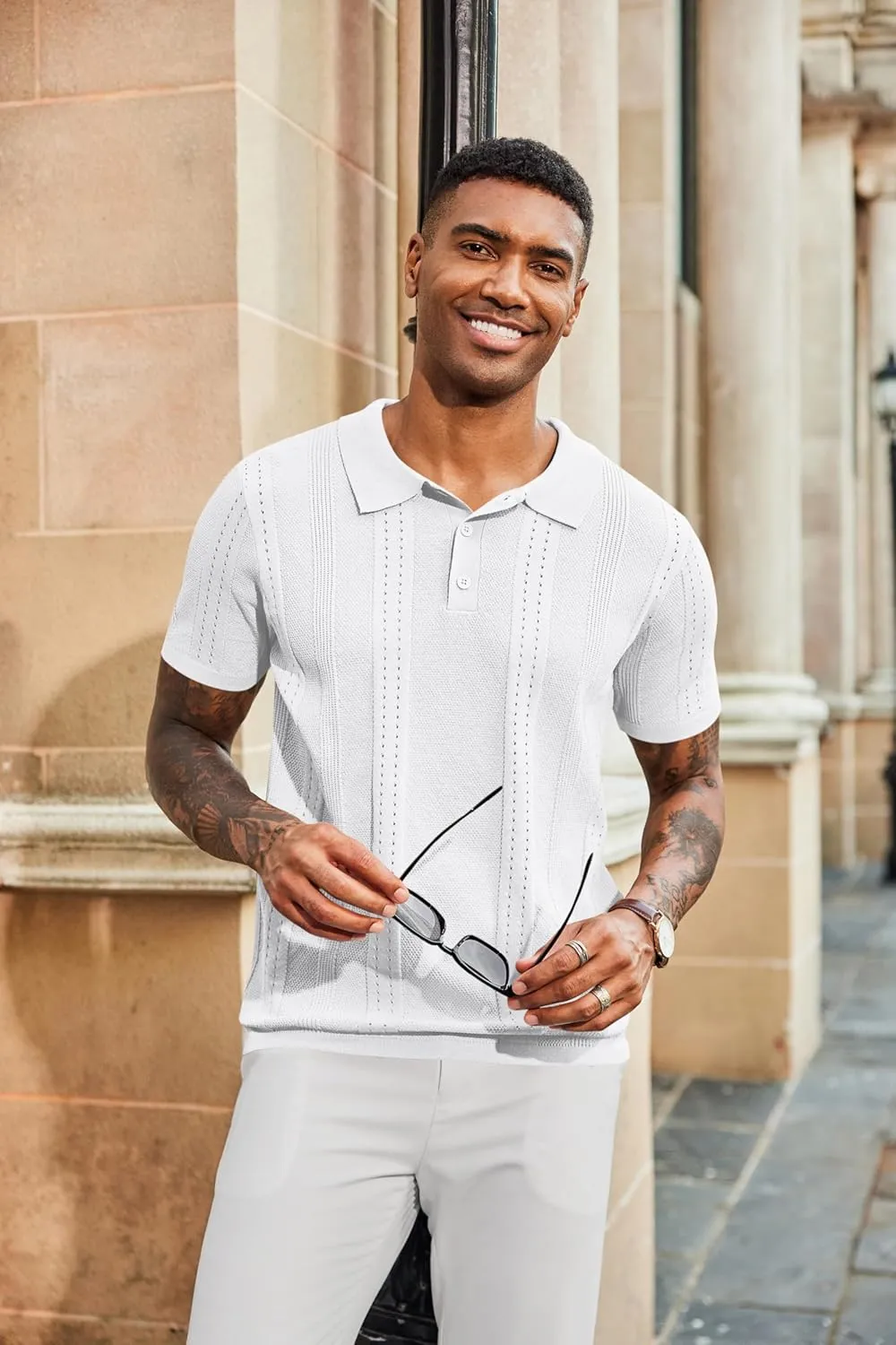 COOFANDY Mens Knit Polo Shirts Short Sleeve Collared Golf Shirt Hollow Out Textured T-Shirt Summer Fashion Tops