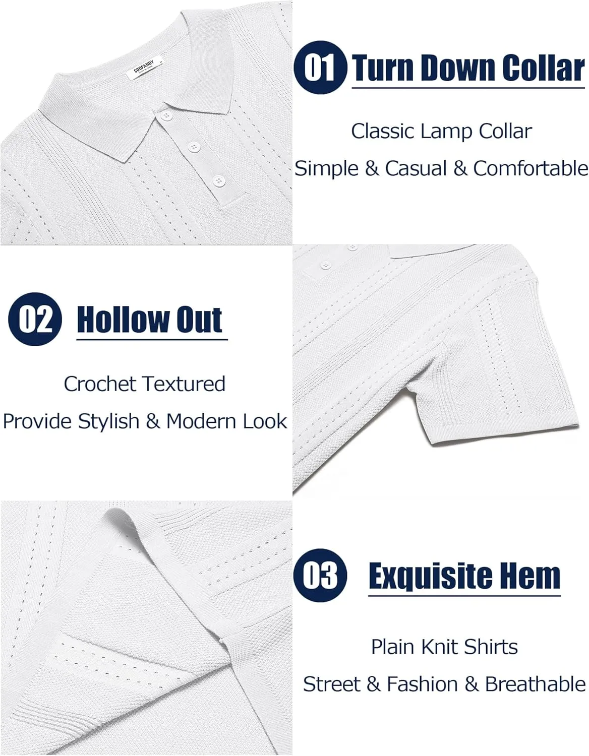COOFANDY Mens Knit Polo Shirts Short Sleeve Collared Golf Shirt Hollow Out Textured T-Shirt Summer Fashion Tops