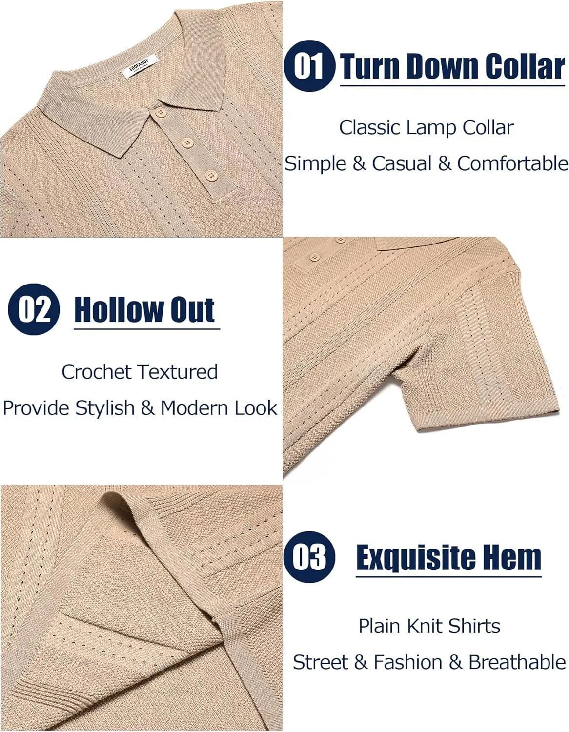COOFANDY Mens Knit Polo Shirts Short Sleeve Collared Golf Shirt Hollow Out Textured T-Shirt Summer Fashion Tops