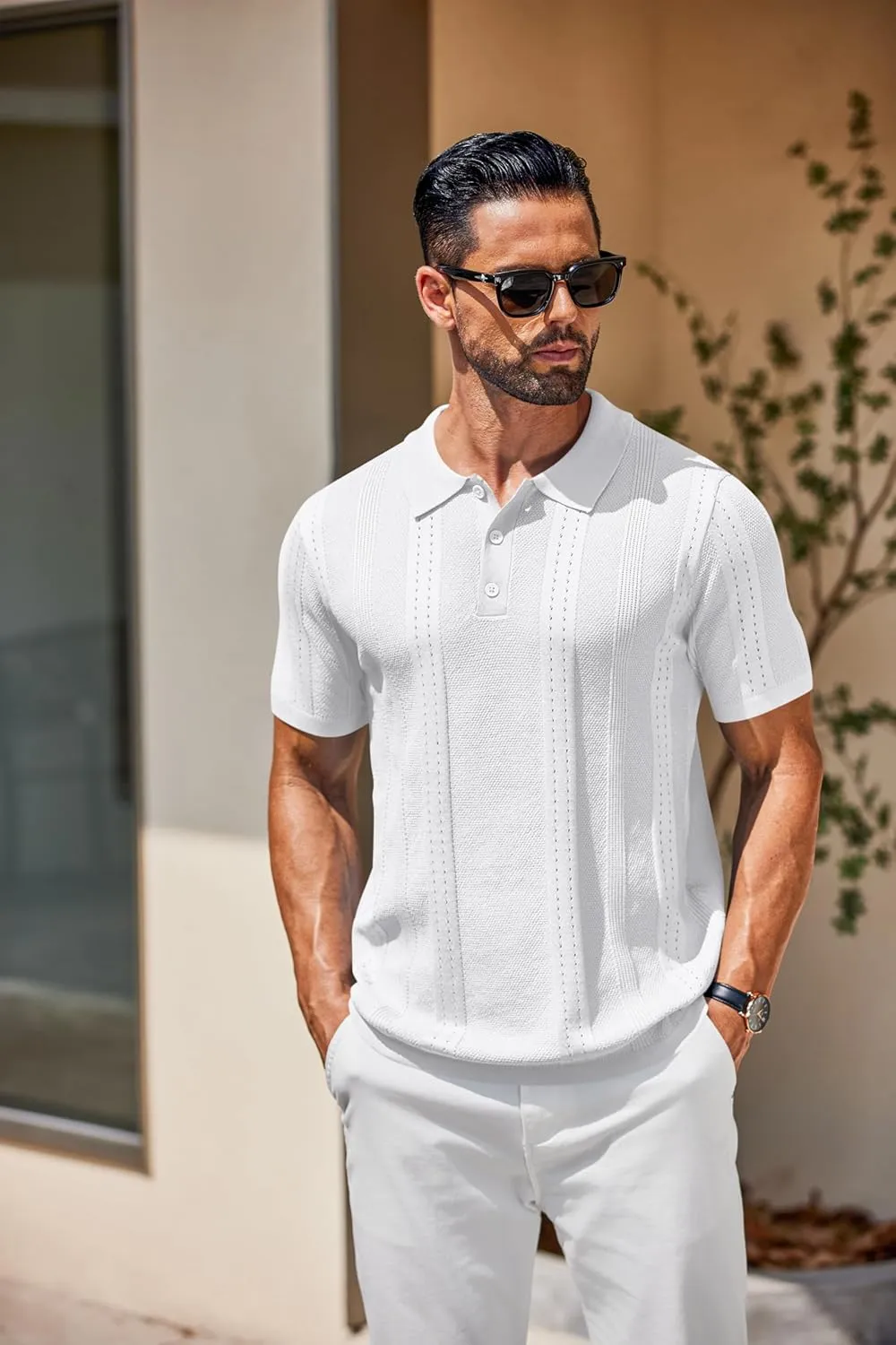 COOFANDY Mens Knit Polo Shirts Short Sleeve Collared Golf Shirt Hollow Out Textured T-Shirt Summer Fashion Tops