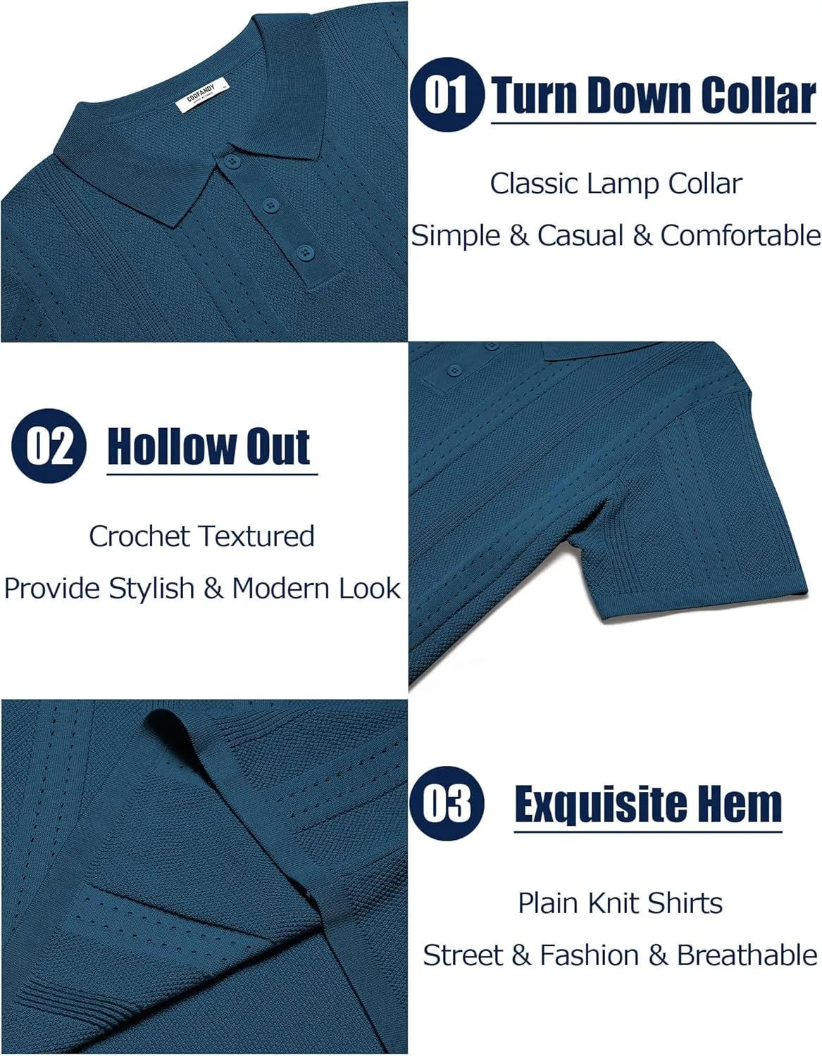COOFANDY Mens Knit Polo Shirts Short Sleeve Collared Golf Shirt Hollow Out Textured T-Shirt Summer Fashion Tops