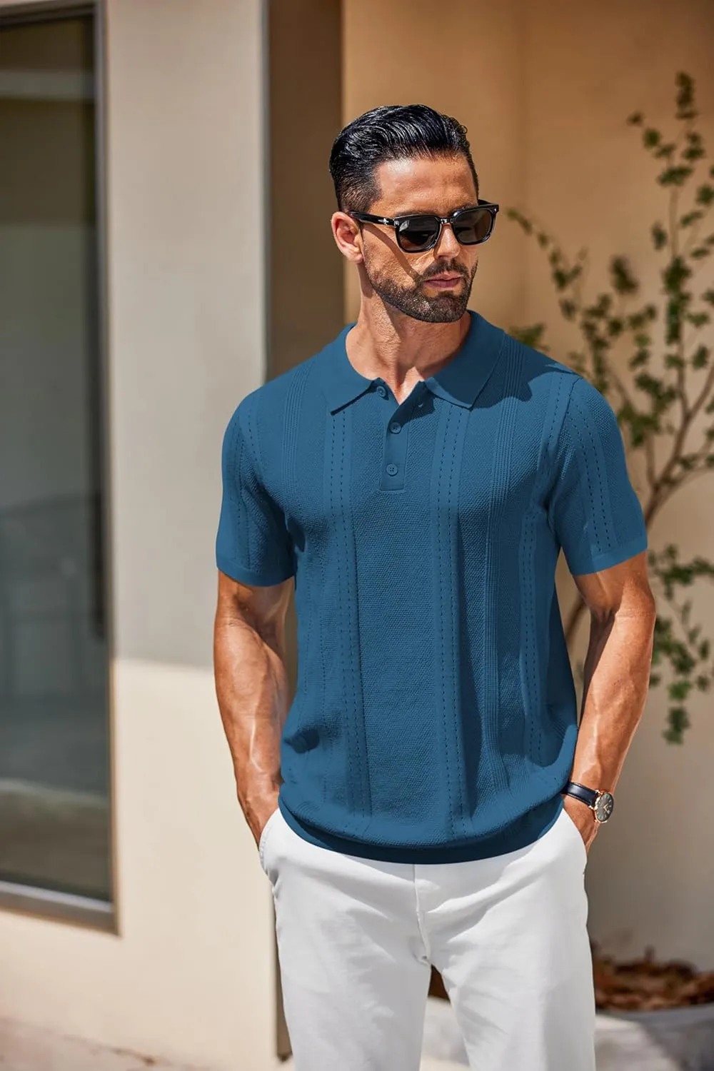 COOFANDY Mens Knit Polo Shirts Short Sleeve Collared Golf Shirt Hollow Out Textured T-Shirt Summer Fashion Tops