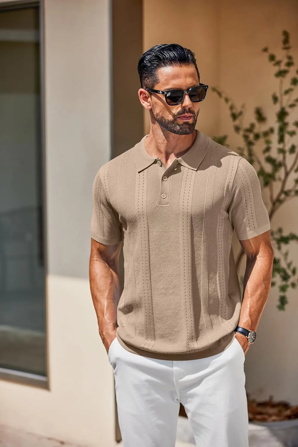 COOFANDY Mens Knit Polo Shirts Short Sleeve Collared Golf Shirt Hollow Out Textured T-Shirt Summer Fashion Tops