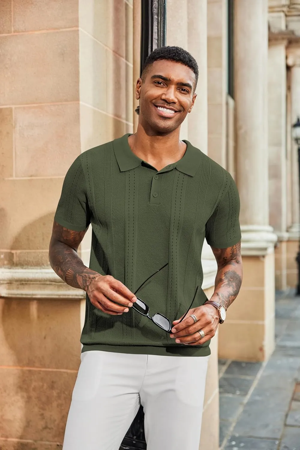 COOFANDY Mens Knit Polo Shirts Short Sleeve Collared Golf Shirt Hollow Out Textured T-Shirt Summer Fashion Tops