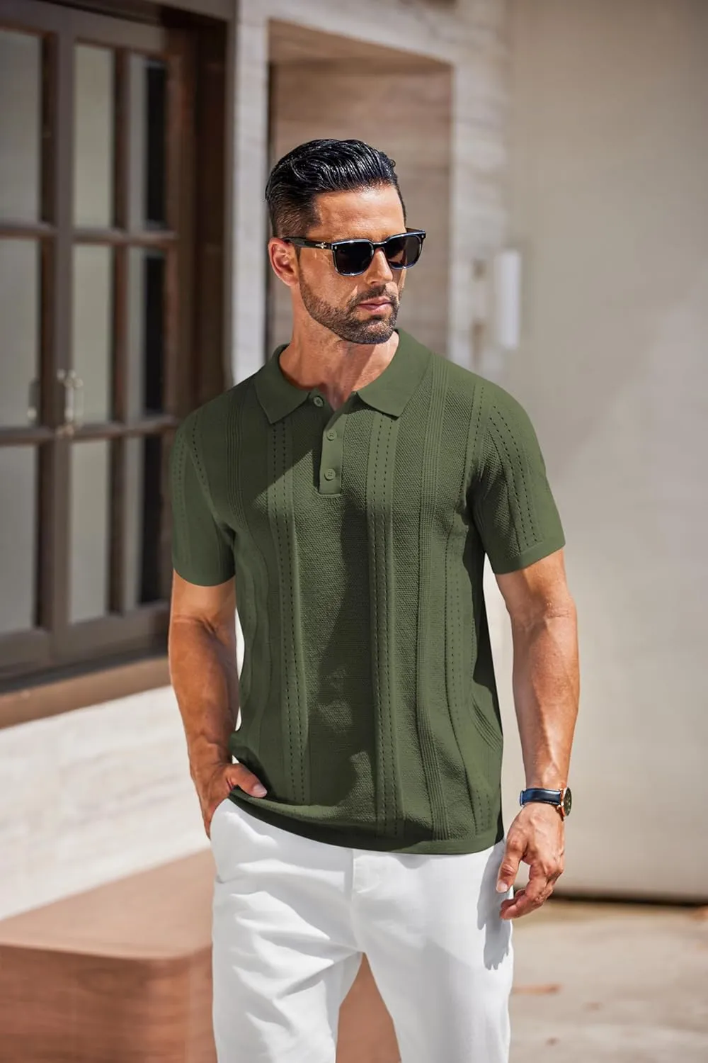 COOFANDY Mens Knit Polo Shirts Short Sleeve Collared Golf Shirt Hollow Out Textured T-Shirt Summer Fashion Tops