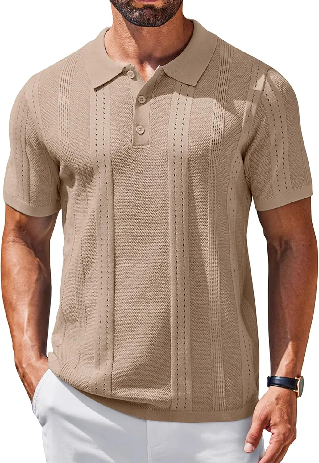 COOFANDY Mens Knit Polo Shirts Short Sleeve Collared Golf Shirt Hollow Out Textured T-Shirt Summer Fashion Tops