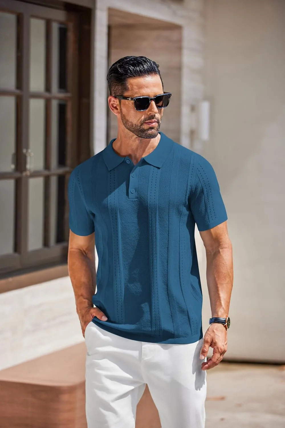 COOFANDY Mens Knit Polo Shirts Short Sleeve Collared Golf Shirt Hollow Out Textured T-Shirt Summer Fashion Tops