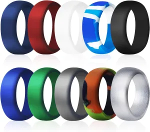 COOLOO Silicone Wedding Ring for Men, 10 Pack Affordable Silicone Rubber Wedding Bands Sturdy Comfortable Rings, Black White Blue Silver Gray