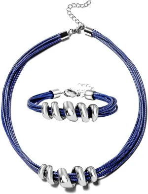 Costume Jewelry Set - Leather Choker Necklace for Women 16" & Cuff Bracelet 7"- Faux Leather Cord Necklace Set with Adjustable Lobster Claw Spiral Charm Rope Boho Jewelry Birthday Gifts