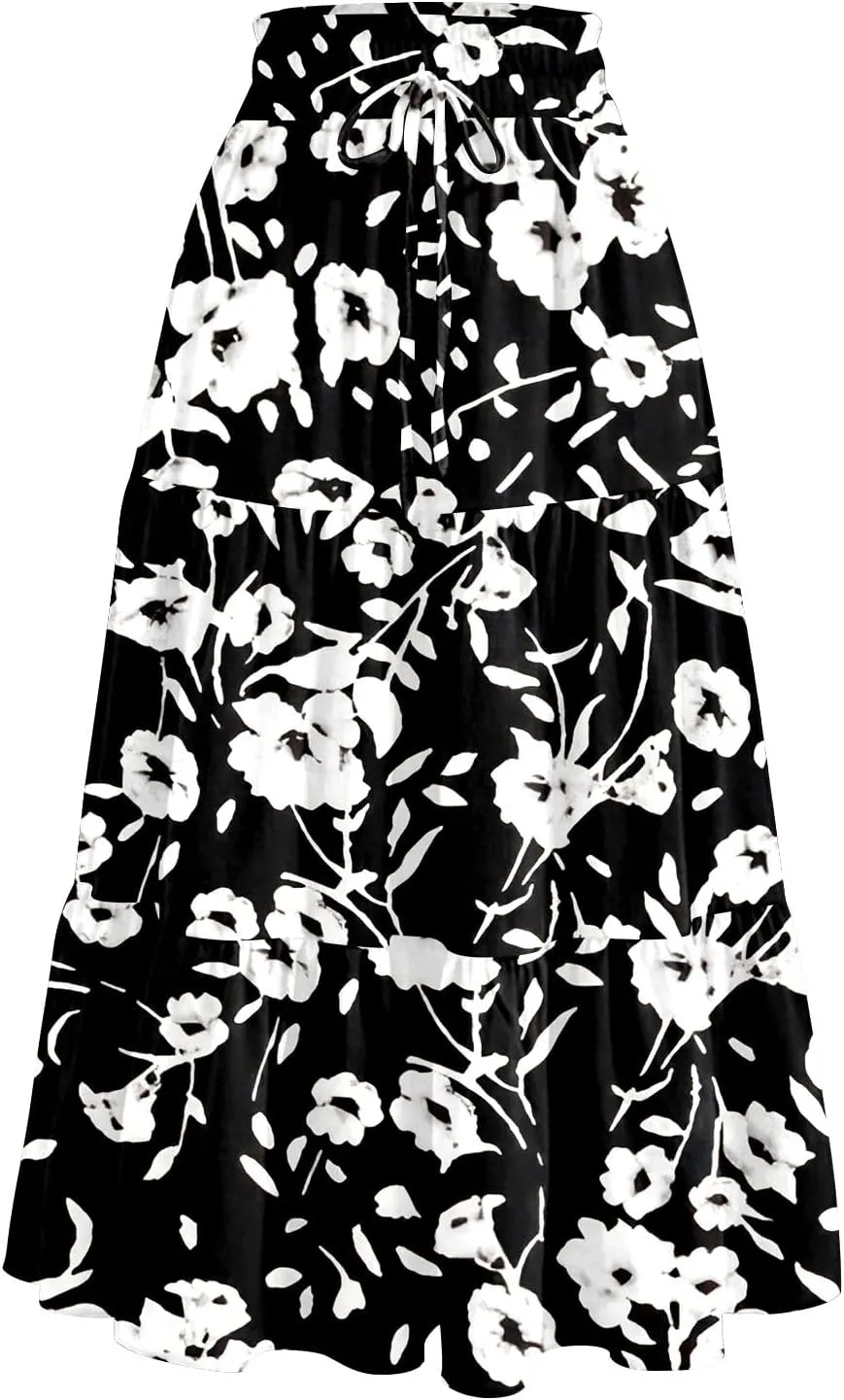 COTECRAM Women's 2025 Bohemian Beach Skirts Flowy High Waist Tiered A Line Midi Skirt Trendy Summer Pleated Long Skirts