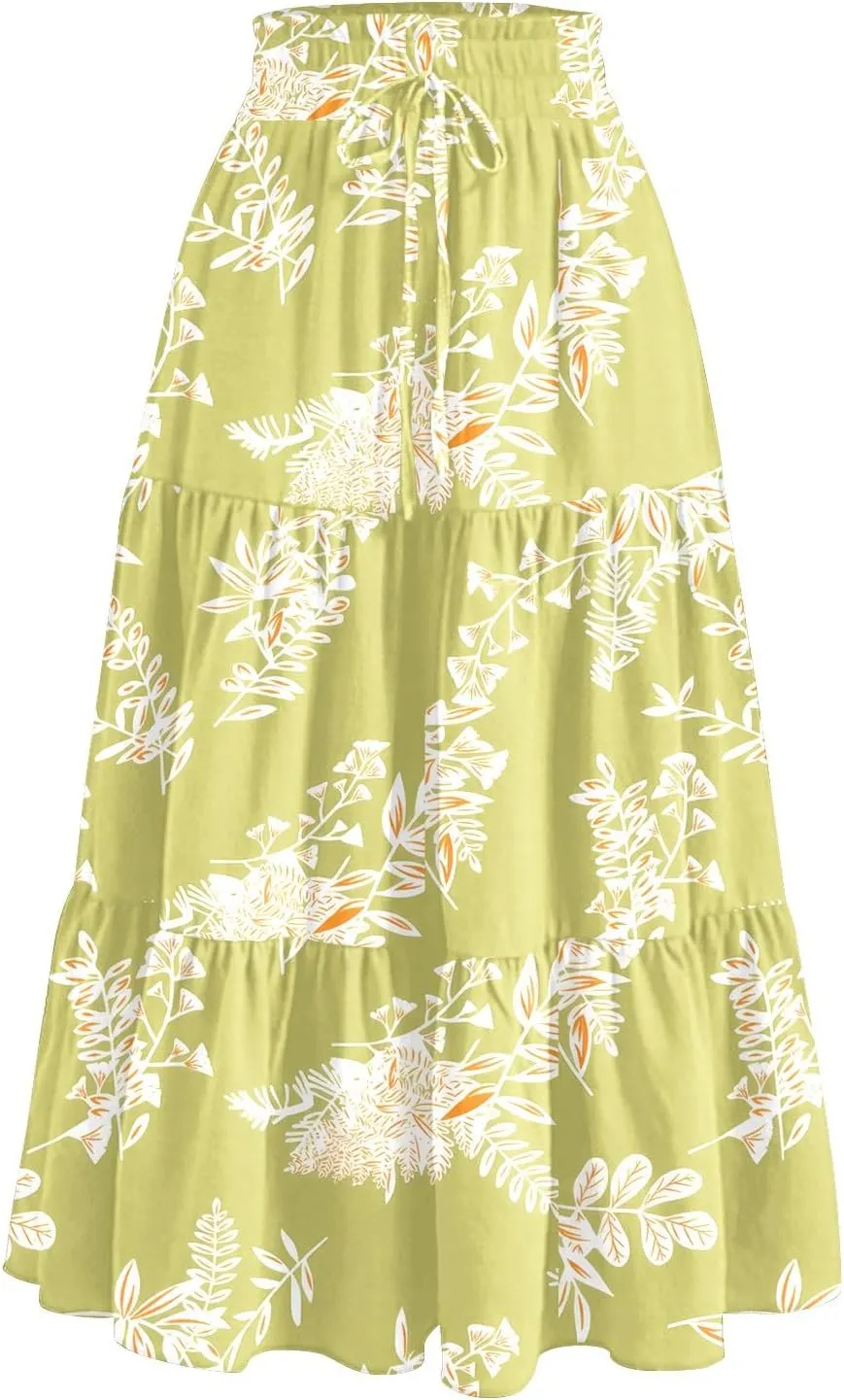COTECRAM Women's 2025 Bohemian Beach Skirts Flowy High Waist Tiered A Line Midi Skirt Trendy Summer Pleated Long Skirts