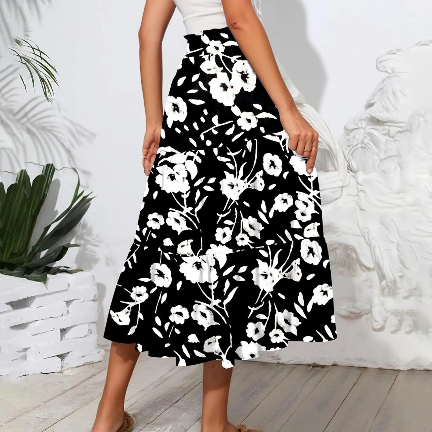 COTECRAM Women's 2025 Bohemian Beach Skirts Flowy High Waist Tiered A Line Midi Skirt Trendy Summer Pleated Long Skirts