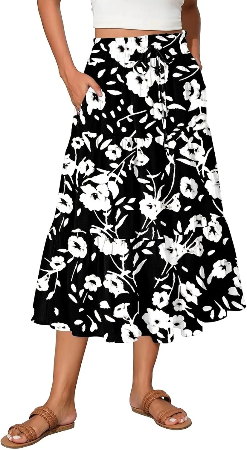 COTECRAM Women's 2025 Bohemian Beach Skirts Flowy High Waist Tiered A Line Midi Skirt Trendy Summer Pleated Long Skirts