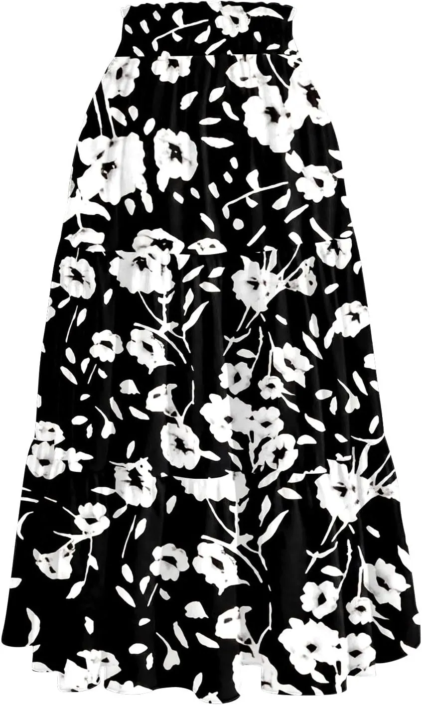 COTECRAM Women's 2025 Bohemian Beach Skirts Flowy High Waist Tiered A Line Midi Skirt Trendy Summer Pleated Long Skirts