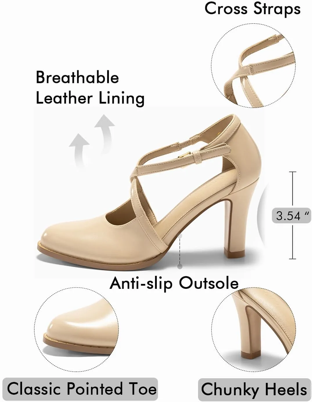 Coutgo Womens Chunky High Heels Dress Shoes Closed Pointed Toe Cross Strap Buckle Pumps Vintage D'Orsay Party Shoes