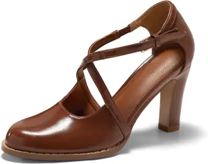 Coutgo Womens Chunky High Heels Dress Shoes Closed Pointed Toe Cross Strap Buckle Pumps Vintage D'Orsay Party Shoes