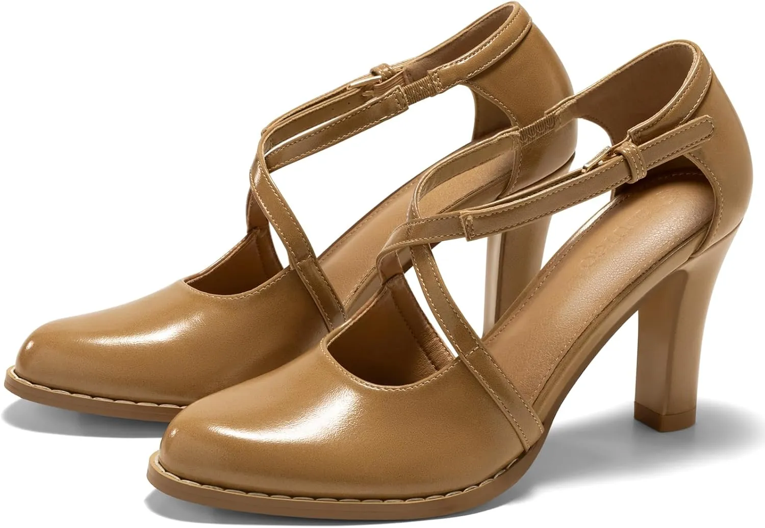 Coutgo Womens Chunky High Heels Dress Shoes Closed Pointed Toe Cross Strap Buckle Pumps Vintage D'Orsay Party Shoes