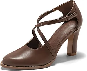 Coutgo Womens Chunky High Heels Dress Shoes Closed Pointed Toe Cross Strap Buckle Pumps Vintage D'Orsay Party Shoes