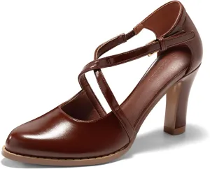 Coutgo Womens Chunky High Heels Dress Shoes Closed Pointed Toe Cross Strap Buckle Pumps Vintage D'Orsay Party Shoes