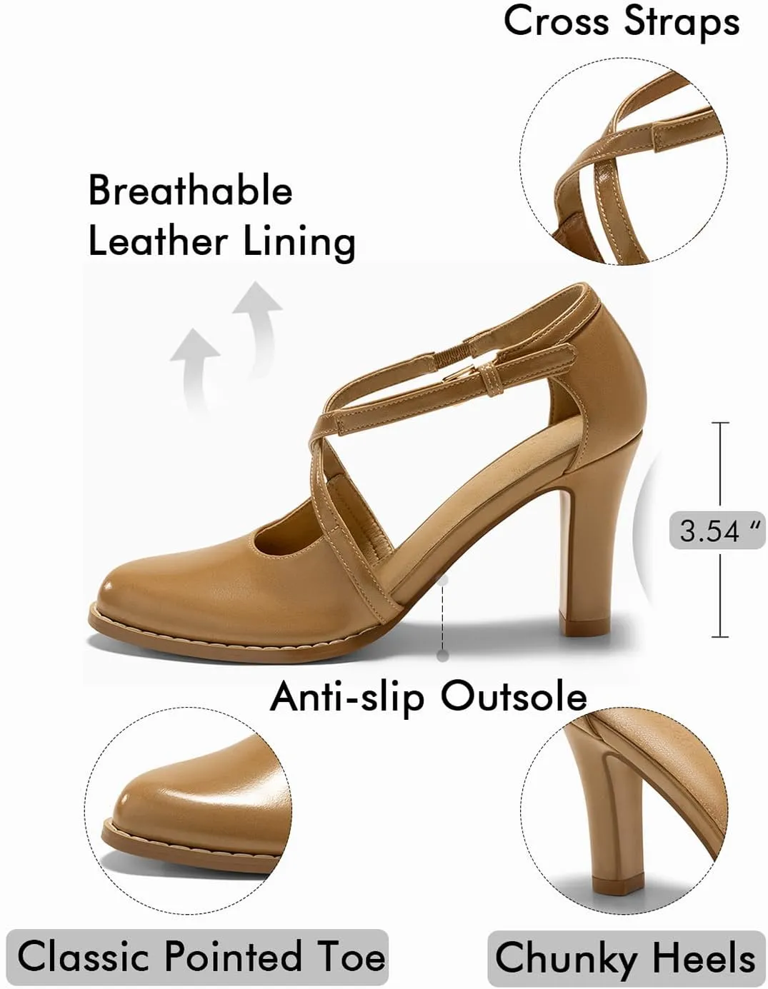 Coutgo Womens Chunky High Heels Dress Shoes Closed Pointed Toe Cross Strap Buckle Pumps Vintage D'Orsay Party Shoes