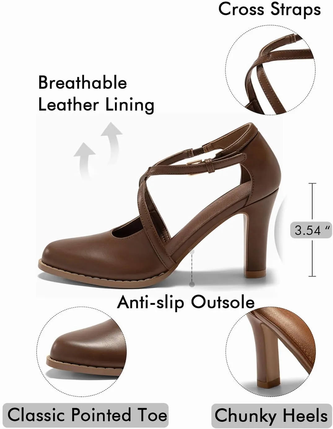 Coutgo Womens Chunky High Heels Dress Shoes Closed Pointed Toe Cross Strap Buckle Pumps Vintage D'Orsay Party Shoes