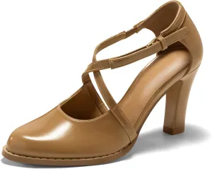 Coutgo Womens Chunky High Heels Dress Shoes Closed Pointed Toe Cross Strap Buckle Pumps Vintage D'Orsay Party Shoes