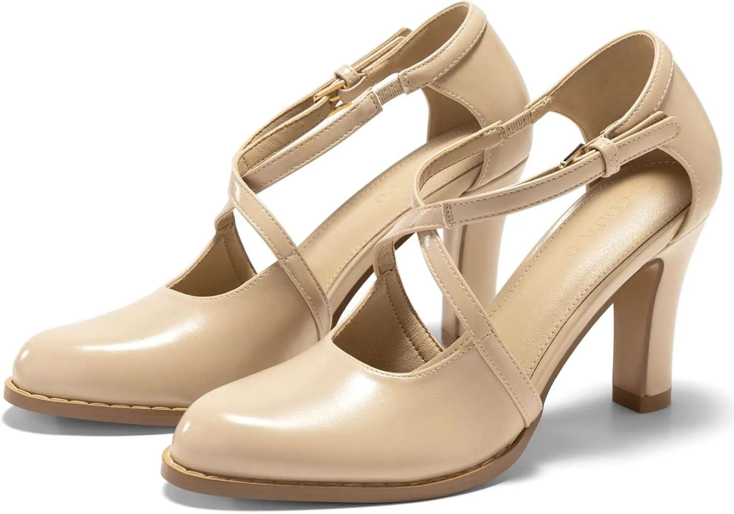 Coutgo Womens Chunky High Heels Dress Shoes Closed Pointed Toe Cross Strap Buckle Pumps Vintage D'Orsay Party Shoes