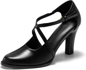 Coutgo Womens Chunky High Heels Dress Shoes Closed Pointed Toe Cross Strap Buckle Pumps Vintage D'Orsay Party Shoes