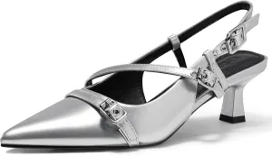 Coutgo Womens Slingback Kitten Heels Low Heel Closed Pointed Toe Pumps Buckle Strap Heeled Sandals Shoes