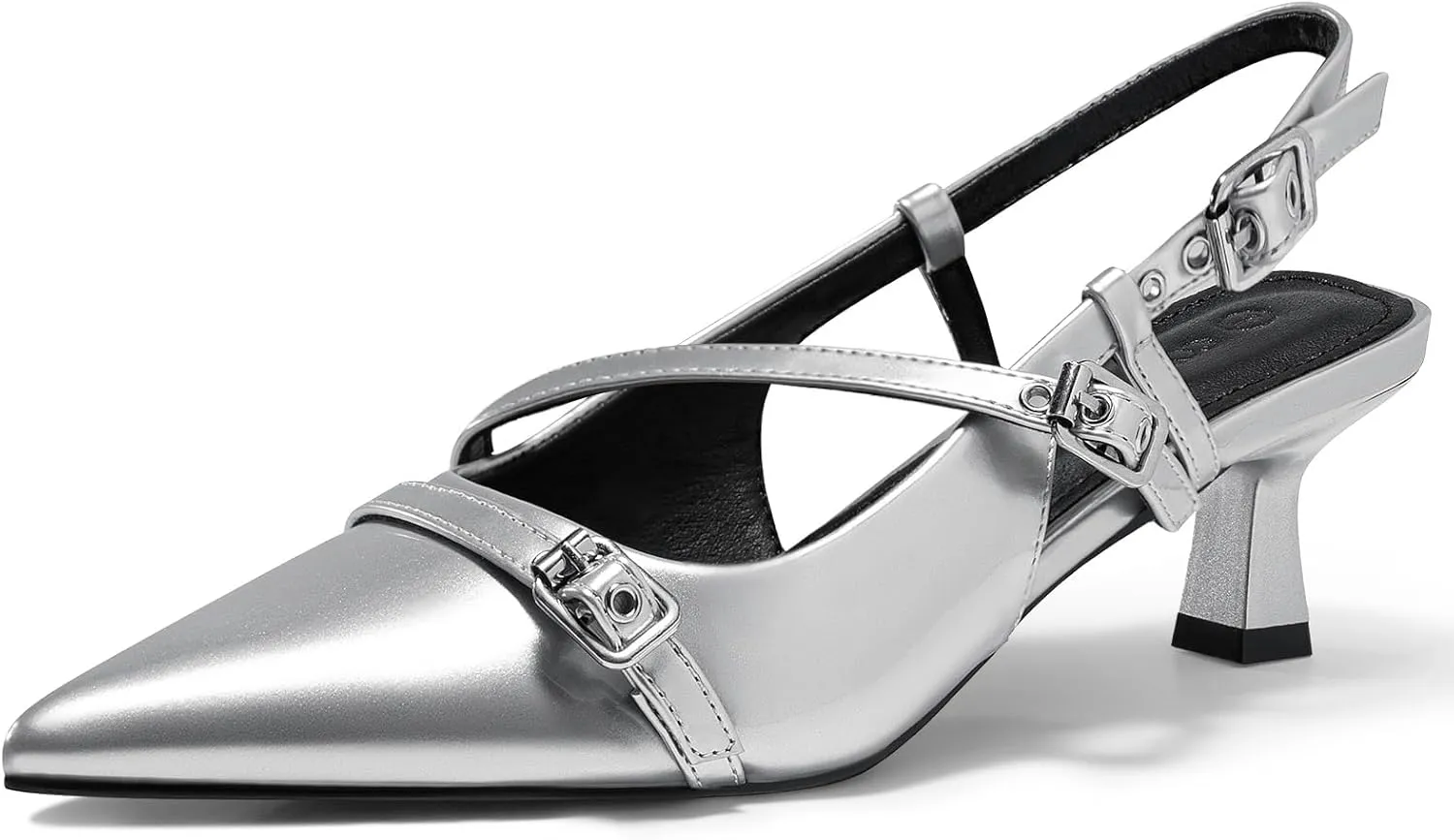 Coutgo Womens Slingback Kitten Heels Low Heel Closed Pointed Toe Pumps Buckle Strap Heeled Sandals Shoes
