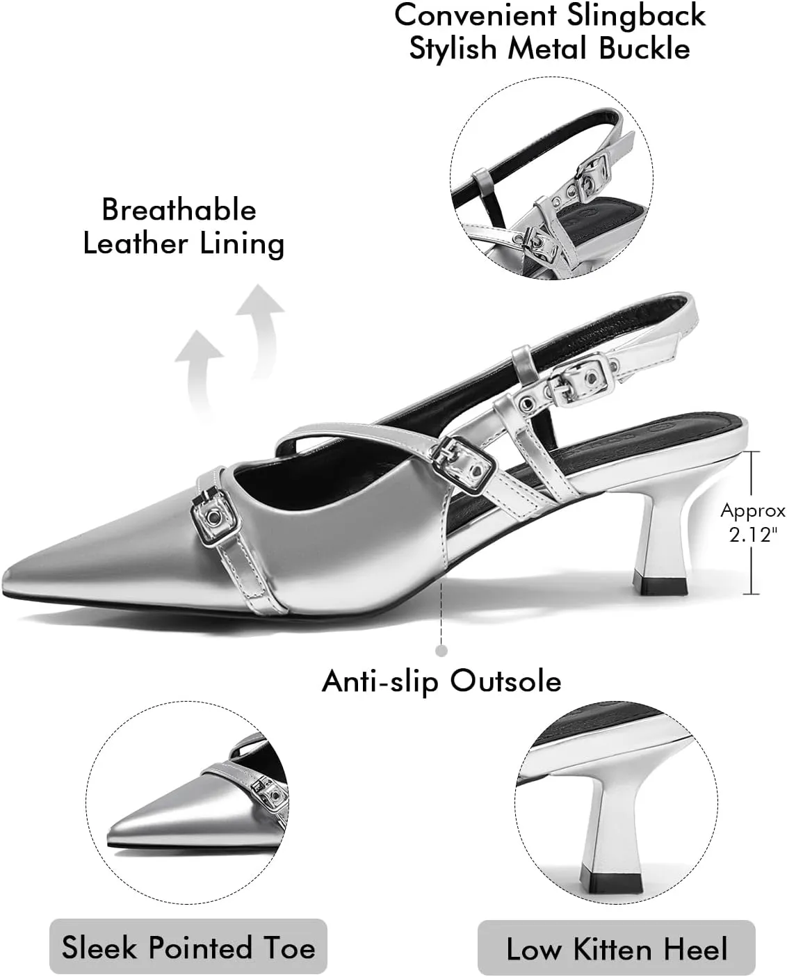 Coutgo Womens Slingback Kitten Heels Low Heel Closed Pointed Toe Pumps Buckle Strap Heeled Sandals Shoes